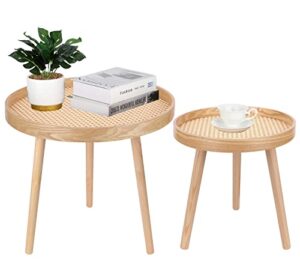 round coffee table set of 2, natural boho coffee table, small mid century modern rattan coffee table, boho side table end tables for living room bedroom office balcony