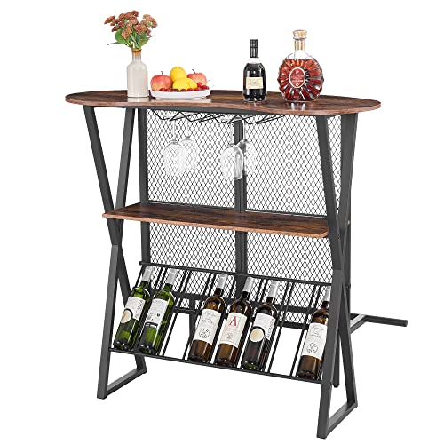 VECELO 3 Tier Oval Table Versatile Use Bar Cabinet with Open Storage Display Shelf and Footrail, Brown