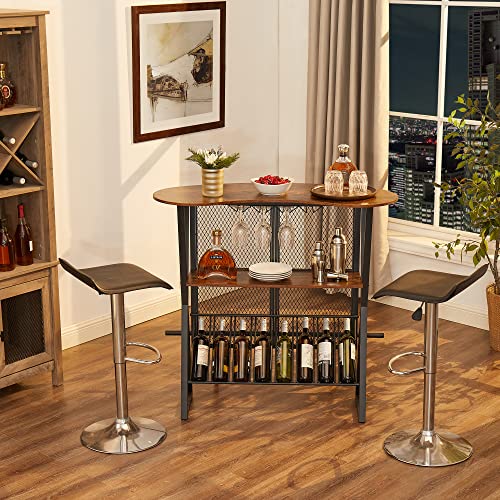 VECELO 3 Tier Oval Table Versatile Use Bar Cabinet with Open Storage Display Shelf and Footrail, Brown