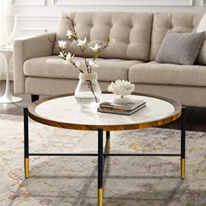 round coffee table, 35in modern living room accent side tea table with marbling glass top, black gold metal legs industrial sofa center table for dining room with wood top frame