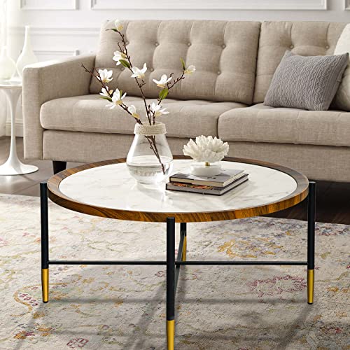 Round Coffee Table, 35in Modern Living Room Accent Side Tea Table with Marbling Glass Top, Black Gold Metal Legs Industrial Sofa Center Table for Dining Room with Wood Top Frame