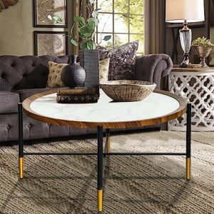 Round Coffee Table, 35in Modern Living Room Accent Side Tea Table with Marbling Glass Top, Black Gold Metal Legs Industrial Sofa Center Table for Dining Room with Wood Top Frame