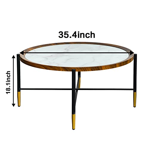 Round Coffee Table, 35in Modern Living Room Accent Side Tea Table with Marbling Glass Top, Black Gold Metal Legs Industrial Sofa Center Table for Dining Room with Wood Top Frame