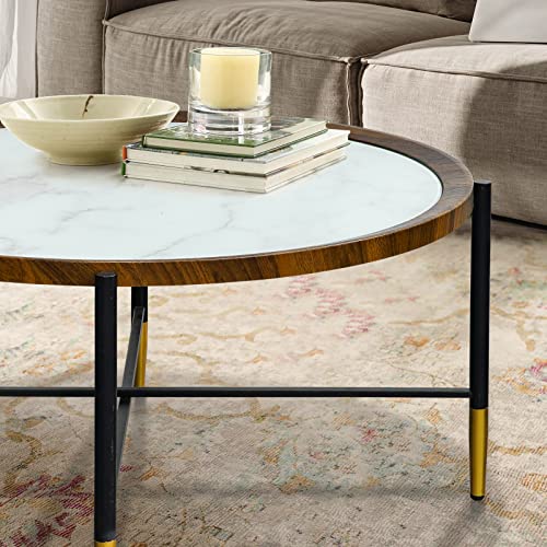 Round Coffee Table, 35in Modern Living Room Accent Side Tea Table with Marbling Glass Top, Black Gold Metal Legs Industrial Sofa Center Table for Dining Room with Wood Top Frame