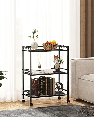 Hzuaneri 3-Tier Storage Racks - with 4 Wheels, Metal Industrial Standing Shelf Units with 6 Hooks, for Kitchen, Living Room, Bathroom, Entryway, Easy Assembly, Black SS02801B