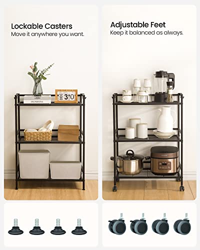 Hzuaneri 3-Tier Storage Racks - with 4 Wheels, Metal Industrial Standing Shelf Units with 6 Hooks, for Kitchen, Living Room, Bathroom, Entryway, Easy Assembly, Black SS02801B