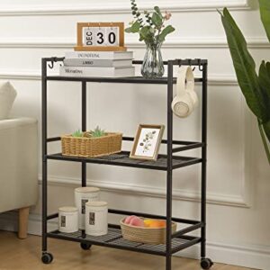 Hzuaneri 3-Tier Storage Racks - with 4 Wheels, Metal Industrial Standing Shelf Units with 6 Hooks, for Kitchen, Living Room, Bathroom, Entryway, Easy Assembly, Black SS02801B