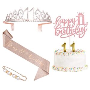 11th birthday decorations for girls，rose gold 11 birthday crown tiara ，cake topper, birthday sash with peal pin and birthday candles kit,11th birthday gifts for girls