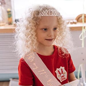 11th Birthday Decorations for Girls，Rose Gold 11 Birthday Crown Tiara ，Cake Topper, Birthday Sash with Peal Pin and Birthday Candles Kit,11th Birthday Gifts for Girls