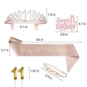 11th Birthday Decorations for Girls，Rose Gold 11 Birthday Crown Tiara ，Cake Topper, Birthday Sash with Peal Pin and Birthday Candles Kit,11th Birthday Gifts for Girls