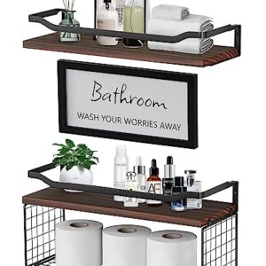 Floating Shelves for Wall Mounted, Wood Bathroom Shelves Over Toilet with Basket Set of 2, Bathroom Wall Décor Shelves, Decorative Storage Shelves for Bedroom, Living Room, Kitchen, Plants –Dark Brown