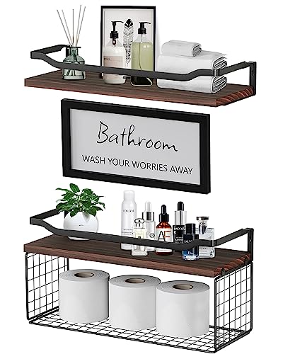 Floating Shelves for Wall Mounted, Wood Bathroom Shelves Over Toilet with Basket Set of 2, Bathroom Wall Décor Shelves, Decorative Storage Shelves for Bedroom, Living Room, Kitchen, Plants –Dark Brown