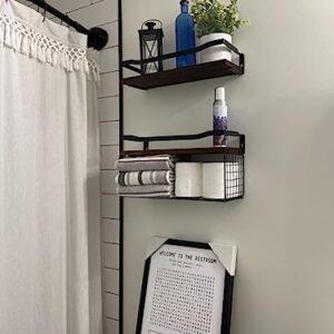 Floating Shelves for Wall Mounted, Wood Bathroom Shelves Over Toilet with Basket Set of 2, Bathroom Wall Décor Shelves, Decorative Storage Shelves for Bedroom, Living Room, Kitchen, Plants –Dark Brown