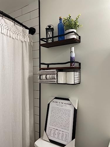 Floating Shelves for Wall Mounted, Wood Bathroom Shelves Over Toilet with Basket Set of 2, Bathroom Wall Décor Shelves, Decorative Storage Shelves for Bedroom, Living Room, Kitchen, Plants –Dark Brown