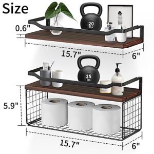 Floating Shelves for Wall Mounted, Wood Bathroom Shelves Over Toilet with Basket Set of 2, Bathroom Wall Décor Shelves, Decorative Storage Shelves for Bedroom, Living Room, Kitchen, Plants –Dark Brown