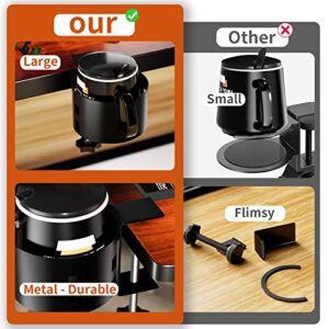 Upgraded Large Desk Cup Holder Clamp, OOKUU Anti-Spill Table Cup Holder, Metal Office & PC Gaming Desk Accessories, Compatible with Universal Cup, Bottles, Pencil Holder (Black)