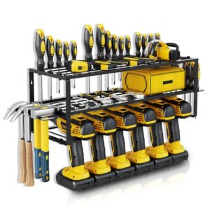 jmlux power tool organizer with 6 drills holder | wall mounted 3 layer tool box organizer | heavy-duty metal tool holder rack for workshop and garage| perfect for drill and metal tools storage