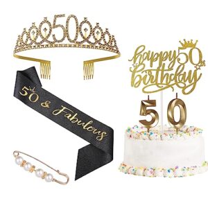 50th birthday decorations for women，gold 50 birthday crown tiara ，cake topper, birthday sash with peal pin and birthday candles kit,50th birthday gifts for women