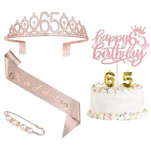 65th birthday decorations for women，rose gold 65 birthday crown tiara ，cake topper, birthday sash with peal pin and birthday candles kit,65th birthday gifts for women