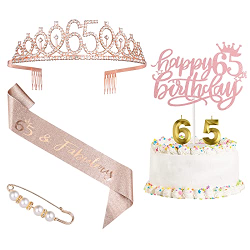 65th Birthday Decorations for Women，Rose Gold 65 Birthday Crown Tiara ，Cake Topper, Birthday Sash with Peal Pin and Birthday Candles Kit,65th Birthday Gifts for Women