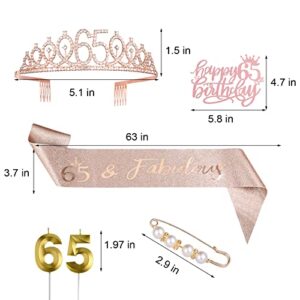 65th Birthday Decorations for Women，Rose Gold 65 Birthday Crown Tiara ，Cake Topper, Birthday Sash with Peal Pin and Birthday Candles Kit,65th Birthday Gifts for Women