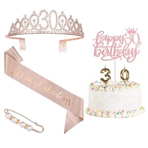 30th birthday decorations for women，rose gold 30 birthday crown tiara ，cake topper, birthday sash with peal pin and birthday candles kit,15th birthday gifts for women