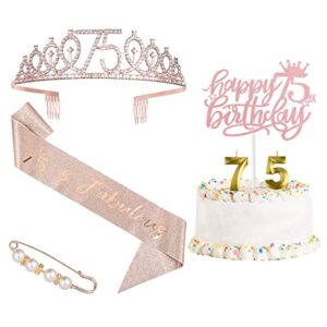 75th birthday decorations for women，rose gold 75 birthday crown tiara ，cake topper, birthday sash with peal pin and birthday candles kit,75th birthday gifts for women