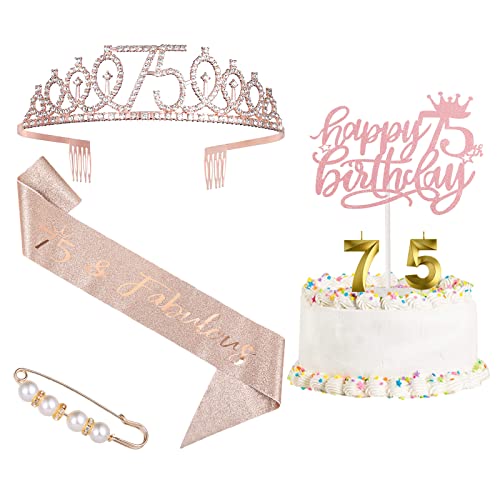 75th Birthday Decorations for Women，Rose Gold 75 Birthday Crown Tiara ，Cake Topper, Birthday Sash with Peal Pin and Birthday Candles Kit,75th Birthday Gifts for Women