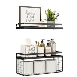 wxcgx floating shelves, rustic floating shelves wood over toilet with paper storage basket, farmhouse wall mounted shelves floating shelf for bathroom bedroom wall decor living room kitchen (black)