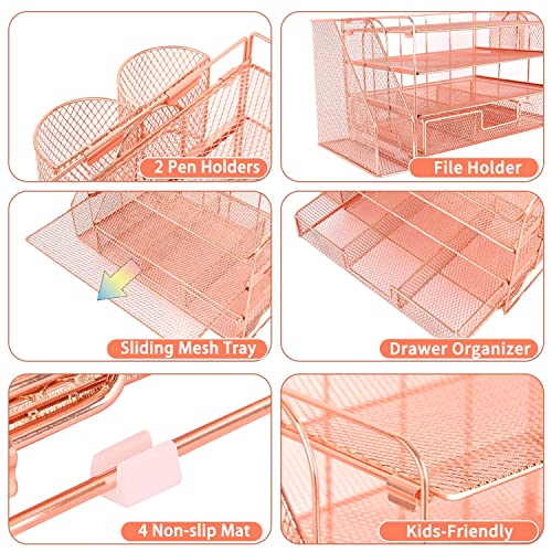 OPNICE Desk Organizers and Accessories, Paper Letter Tray Organizer with 2 Pen Holders and File Holder, File Organizer and Storage, 4-Tier Office Desk Accessories for Office Supplies(Rose Gold)