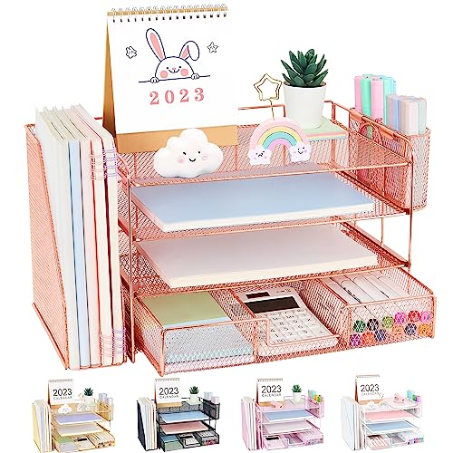 OPNICE Desk Organizers and Accessories, Paper Letter Tray Organizer with 2 Pen Holders and File Holder, File Organizer and Storage, 4-Tier Office Desk Accessories for Office Supplies(Rose Gold)