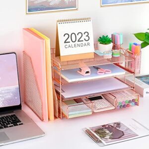 OPNICE Desk Organizers and Accessories, Paper Letter Tray Organizer with 2 Pen Holders and File Holder, File Organizer and Storage, 4-Tier Office Desk Accessories for Office Supplies(Rose Gold)