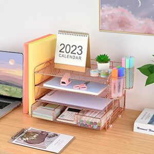 OPNICE Desk Organizers and Accessories, Paper Letter Tray Organizer with 2 Pen Holders and File Holder, File Organizer and Storage, 4-Tier Office Desk Accessories for Office Supplies(Rose Gold)