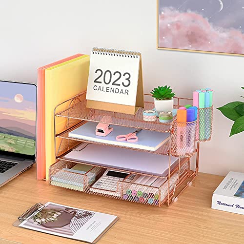 OPNICE Desk Organizers and Accessories, Paper Letter Tray Organizer with 2 Pen Holders and File Holder, File Organizer and Storage, 4-Tier Office Desk Accessories for Office Supplies(Rose Gold)