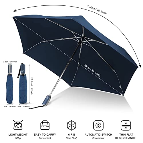 LEAGERA Automatic Flat Umbrella -Collapsible Portable Pocket Umbrella for Travel - Compact Mini Small Ultralight Umbrella for Backpack,Blue