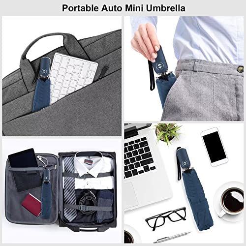 LEAGERA Automatic Flat Umbrella -Collapsible Portable Pocket Umbrella for Travel - Compact Mini Small Ultralight Umbrella for Backpack,Blue