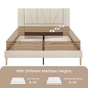 Flolinda Queen Size Bed Frame Upholstered Platform with Complete Headboard and Strong Wooden Slats, No Box Spring Needed, Easy Assembly,Beige