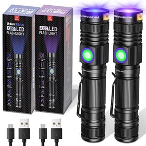 darkbeam uv flashlight 365nm & 395nm blacklight rechargeable usb, wood’s lamp ultraviolet black light led portable with clip - detector for pet cat urine, stains, resin curing, uranium glass, 2 pack