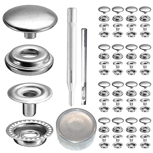 25Sets 12.5mm Stainless Steel Fastener Snap Press Stud Button with Punching Tools Kits for Coats Bags Leathers Marine Boat Canvas Silver with Tools