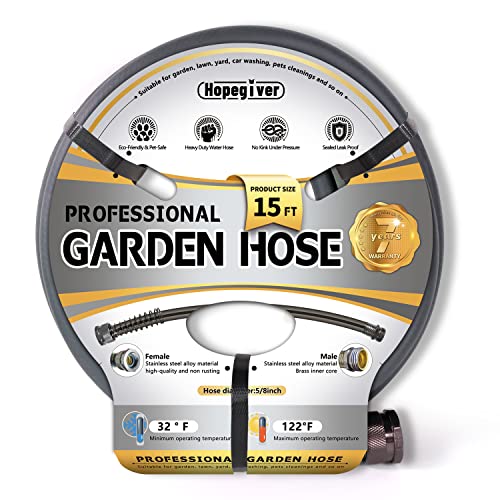 Hopegiver 5/8"x15FT Flexible Garden Hose, Hybrid Water Hose Heavy Duty, Kink Free, Leakproof, Lightweight, Garden Hose for Outdoor, Lawn, Car Wash, Backyard, Burst 500 PSI