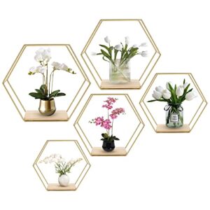 wall mounted hexagonal floating shelves set of 5 in different sizes, modern metal wall shelf, simple wood partition storage shelves, gold wall decor rack for bedroom, living room, kitchen and office