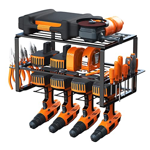 Power Tool Organizer, Drill Holder Wall Mount, Drill Storage Rack, Garage 3 Layers Cordless Tool Organizer, Floating Tool Shelf with 4 Drill Holders