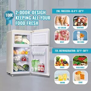 WANAI Mini Fridge with Freezer 3.5 Cu.Ft Compact Refrigerator with 7 Level Thermostat Two Door Portable Room Fridge with Removable Glass Shelves, Suitable for Kitchen Apartment Dorm Bar Redroom, Cream