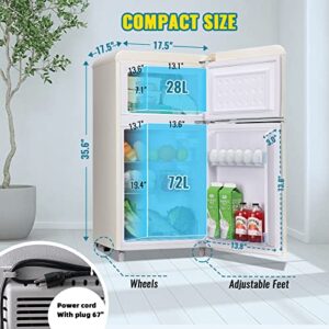 WANAI Mini Fridge with Freezer 3.5 Cu.Ft Compact Refrigerator with 7 Level Thermostat Two Door Portable Room Fridge with Removable Glass Shelves, Suitable for Kitchen Apartment Dorm Bar Redroom, Cream
