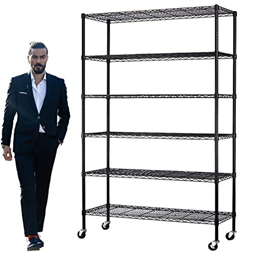 Wire Shelving Unit Storage Shelves 2100Lbs Capacity 6 Tier Metal Shelf with Wheels, NSF Adjustable Layer Rack Heavy Duty Steel Utility Shelf for Garage Kitchen Pantry Basement, Black 48"L×18"W×82"H