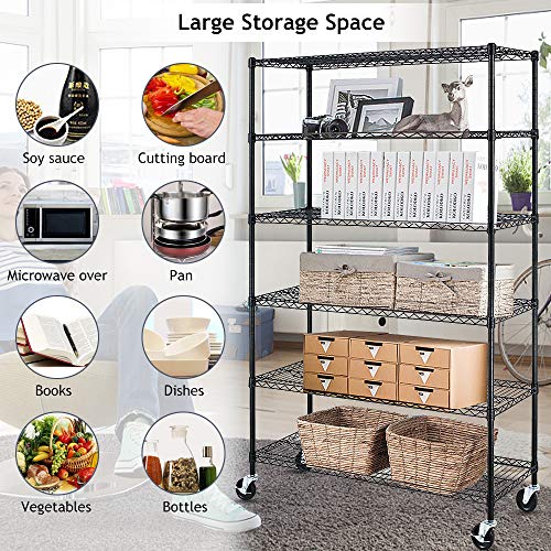 Wire Shelving Unit Storage Shelves 2100Lbs Capacity 6 Tier Metal Shelf with Wheels, NSF Adjustable Layer Rack Heavy Duty Steel Utility Shelf for Garage Kitchen Pantry Basement, Black 48"L×18"W×82"H