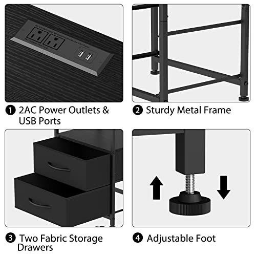 YBING Black Nightstand Set of 2 with Charging Station Bedside Table with Fabric Drawers and Open Shelf End Table with USB Ports and Power Outlets for Bedroom Living Room Dorm