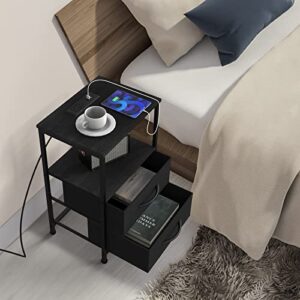 YBING Black Nightstand Set of 2 with Charging Station Bedside Table with Fabric Drawers and Open Shelf End Table with USB Ports and Power Outlets for Bedroom Living Room Dorm