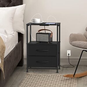 YBING Black Nightstand Set of 2 with Charging Station Bedside Table with Fabric Drawers and Open Shelf End Table with USB Ports and Power Outlets for Bedroom Living Room Dorm