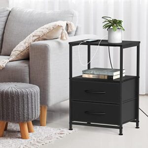 YBING Black Nightstand Set of 2 with Charging Station Bedside Table with Fabric Drawers and Open Shelf End Table with USB Ports and Power Outlets for Bedroom Living Room Dorm